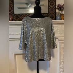 A Boxy Silver Sequin Top With Flared 3/4 Sleeves. Hits At Waist. New With Tags. Fall Party Top With 3/4 Sleeve, Silver Long Sleeve Tops With Sequins, Silver Long Sleeve Sequin Tops, Silver Shimmer Long Sleeve Top, Silver Sequined Tops For Festive Occasions, Festive Silver Sequined Tops, Holiday Silver Sequined Tops, Holiday Silver Sequin Tops, Silver Tops For Holiday Night Out