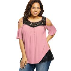 Plus Size Open Shoulder Lace Insert T-shirt - Light Pink - 3L77556223 - Original Design-Women's Clothing, T-Shirts  #TShirts #Original #DesignWomen's #Clothing # #TShirts Edgy Plus Size Fashion, Stylish Plus Size Clothing, Fashion Plus Size, Stylish Plus, Trendy Plus Size Clothing, Lace Insert, Trendy Plus Size, Plus Size T Shirts, Flared Sleeves