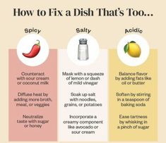 three different types of food that are labeled in the words how to fix dish that's too