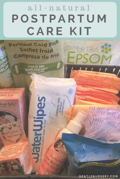 all natural postpartum care kit in a box with text overlay that reads, all natural postpartum care kit