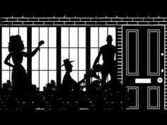 the silhouettes of two people in jail cell with one holding a guitar and another standing behind bars