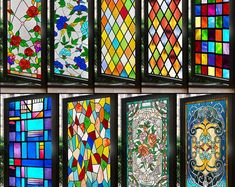 many different stained glass windows with flowers on them