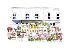 a drawing of a flower shop in front of a building