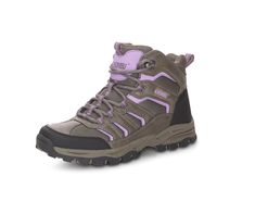 a women's hiking boot in grey and purple