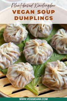 vegan soup dumplings in a white bowl with green leaves