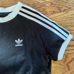 Never Worn, But Tags Removed. True Black With White Adidas Lines That Are From Strong Woven Fabric Not Just Cotton. Downtown Girl, Adidas Shirt, Adidas Black, White Adidas, Girl Clothes, Black T Shirt, Black Adidas, Black Tshirt, Kids Shirts