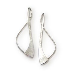 Silver Earrings - Path earrings in Argentium sterling silver. Hand fabricated from a single piece of wire - roll mill tapered and forged with hammer texture.  <br /> <br />Care and Cleaning: Argentium is tarnish resistant sterling and will tarnish more slowly than traditional sterling. When cleaning is needed, rub with fingers to remove light tarnish, clean with a silver polishing cloth for high-polished areas, or use a household green scrubbing pad to restore matte finish. Wearing r Modern Hammered Hoop Earrings For Formal Events, Modern Hammered Hoop Earrings For Formal Occasions, Hammered White Gold Sterling Silver Earrings, White Gold Hammered Sterling Silver Earrings, Hammered Teardrop Earrings For Formal Occasions, Elegant Hammered Sterling Silver Hoop Earrings, Elegant Silver Hammered Earrings, Formal Hammered Sterling Silver Jewelry, Hand Forged Sterling Silver Drop Earrings