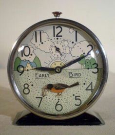 an alarm clock with a bird sitting on it's face and the words early bird