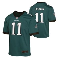 Get ready to show your support for the Philadelphia Eagles in this Youth AJ Brown Nike Game Jersey. Made with 100% polyester, this jersey features a tagless collar and mesh side panels for breathability. The screen printed name, numbers, and logos make it officially licensed and perfect for game day. Tailored for movement, it's machine washable and adorned with the NFL shield at the collar. Go Eagles! Nike Football Season Sports Jersey, Sports Jersey With Logo Print, Nike Sports Jersey With Moisture-wicking, Nike Team-colored Moisture-wicking Jersey, Nike Moisture-wicking Team-colored Jersey, Nike Moisture-wicking Jersey For Sports Events, Nike Moisture-wicking Jersey For Sports, Nike Moisture-wicking Jersey, Nike Jersey With Team Name For Sports