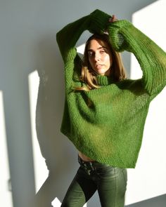 Hello, I'm the one, who won't let you down - green mohair turtleneck sweater. I will comfort you, keep you warm and will make you smile. I'm 100% hand made and proud of that. I consist of 70% italian kid mohair and 30% of nylon, which makes me incredibly natural. I'm quite unique as could be worn all year long. I'm in one size and one size fits all because my measurements are : ❤️ Width -63 cm ❤️ Lengths -65 cm If you would like me in other size, you could request a custom order with your own pa Green Soft Knit Turtleneck Sweater, Green Mohair Cozy Sweater, Cozy Green Mohair Sweater, Green Mohair Knitted Sweater, Oversized Green Turtleneck Sweater, Green Mohair Winter Sweater, Cozy Hand-knitted Green Sweater, Cozy Hand Knitted Green Sweater, Oversized Mohair Turtleneck Sweater