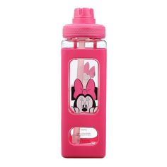 a pink water bottle with minnie mouse on it