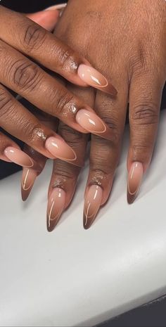 Nude nails, french tips, funky nails, uv gel nails, nail trends Neutral Nails Almond Shape With Design, Short Cute Nails Acrylic Summer, Brown Almond Nail Ideas, Bridal Nails Dark Skin, Dope Nail Designs Almond Short, Oval Nails Black Women, Nail Inspo Black Women, Nude Nails Black Women, Nude Nails French