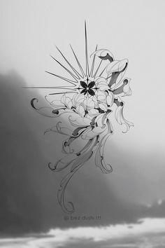 a black and white photo of a flower in the air, with clouds behind it