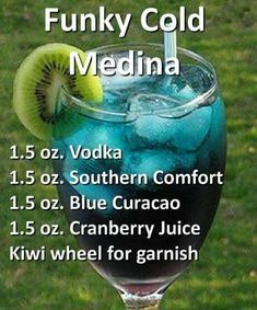 the drink list for funky cold medina is displayed in front of a grassy area