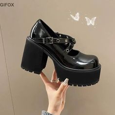 Platform Heeled Women Pump Gothic Round Toe Fashion JK High Heels Spring Casual Buckle Strappy Lolita Shoes Mary Jane Platform Shoes, Platform Mary Janes, Mary Jane Pumps, Womens Mid Calf Boots, Women Oxford Shoes, Black Leather Shoes, Womens Sandals Flat, Thick Heels, Spring Shoes