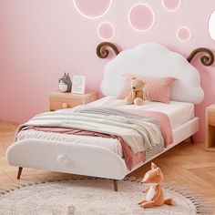 Twin Size Upholstered Platform Bed with Sheep-Shaped Headboard Sheep Horns, Bed Stairs, Daybed With Drawers, Shaped Headboard, Headboard Bed, Twin Platform Bed, Daybed With Storage, Beds And Headboards, Twin Size Bedding