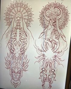 two drawings on a white board with red ink in the shape of an angel and demon