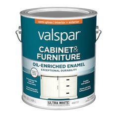 a white paint can with the words valspar cabinet and furniture on it's side