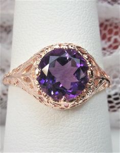 Amethyst 14K Gold Filigree Ring | 1.5ct Natural Purple Amethyst Rose Gold Victorian Wedding Anniversary Gift [Custom] Design#198 Amythest Jewelry, Leaf Filigree, Filigree Ring Gold, Antique Filigree, Amethyst Gold, Detailed Ring