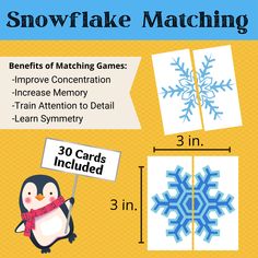 the instructions for how to make snowflake matching cards with an image of a penguin holding