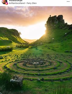 the sun is setting over a grassy hill with a spiral design in the grass and sheep grazing on it