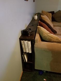 a living room with couches and books on the shelf in front of the sofa