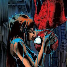 the amazing spider - man and woman are kissing in the rain