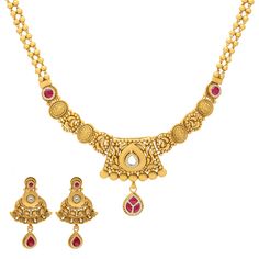 Experience the luxury of traditional Indian gold jewelry with this 22k gold necklace and earring set by Virani Jewelers. Adorned with an exquisite selection of rubies and cubic zirconia, this gold jewelry set is a perfect blend of tradition and elegance. The vibrant gemstones add a pop of color to the rich 22k yellow gold, making it a versatile piece for any occasion. This set is a timeless addition to any Indian jewelry collection.Features• 22k yellow gold• Cubic zirconia• Ruby Necklace Specifi Gold Antique Necklace, Antique Necklace Set, Indian Gold Jewelry, Gold Jewelry Set, 22k Gold Necklace, Gold Jewelry Sets, Ruby Necklace, Gold Jewelry Indian, Antique Necklace