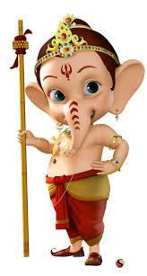 an animated image of the god ganesha holding a stick and wearing a gold headdress