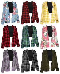 six different types of jackets with flowers and plaid patterns on the front, one is black