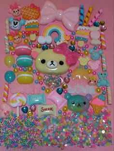 there are many different items on this pink background, including teddy bears and other things