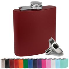 a red flask with two stainless steel funnels and six colors of leatherette