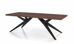 a wooden table with black metal legs