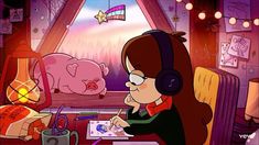 a woman sitting at a desk in front of a pig with headphones on and writing