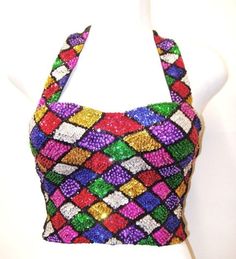 "Sequin Halter Tops are handmade, high quality, original designs, and beautiful. All sequin Halter Tops come in solid black satin back, close with velcro. Sequin Halter are suitable for party, events or any occasional use... XL 38\" Around Chest Cup Size \"C\" 2X 40\" Around Chest Cup Size \"C\"" Rainbow Sequin Top, Sequin Bustier, Sequin Halter Top, Top Bustier, Sequin Tank Top, Sequin Halter, Satin Noir, Womens Halter Tops, Party Events