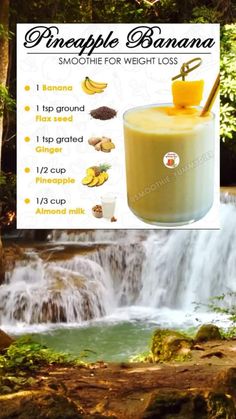 a banana smoothie in front of a waterfall with ingredients for the recipe on it