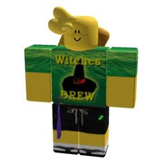 a lego man is holding a box with the words witches brew on it and smiling