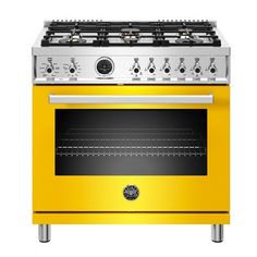 an orange stove with two burners and one oven door open, on a white background