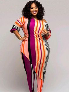 Material: Made of 90-95% Polyester and Spandex. soft. skin-friendly. breathable. and comfortable.Feature: Long sleeve. striped print. one shoulder. casual. asymmetrical. color block. bodycon. two-piece outfits. Plus Size Two Piece Outfit, Outfit Sets For Women, Elevated Fashion, Hem Leggings, Asymmetrical Hem Top, Striped Two Piece, Plus Size Two Piece, Top And Pants Set, Asymmetrical Tops