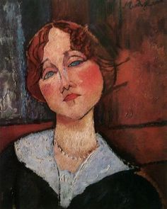 a painting of a woman with red hair and blue eyes, wearing a black dress