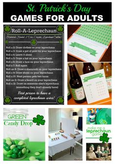 the st patrick's day games for adults is shown in this collage with pictures and