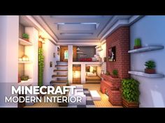 the interior of a modern house in minecraft with plants and potted plants on shelves