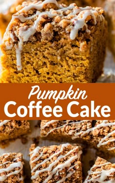 pumpkin coffee cake with white icing and cinnamon crumbs on top, cut into squares