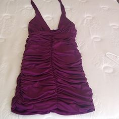 Halter Dress. Never Worn. Rouched Styling. Bra Cups Not Lined Purple Mini Dress With Ruched Bodice, Purple Sleeveless Mini Dress With Ruched Bodice, Stretch Purple Ruched Dress, Purple Stretch Ruched Dress, Purple Lined Mini Dress For Night Out, Ruched Mini-length Bodycon Dress, Ruched Bodycon Mini Dress, Faux Fur Handbag, Venus Dresses