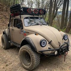 an off - road vehicle is parked in the woods