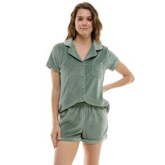 Cozy up in this plush two-piece loungewear set. The notched collar top adds a touch of sophistication while the short sleeve and button-down front offer comfort and style. Contrast piping and a handy chest pocket elevate the look. Pair with the matching shorts featuring a soft waistband and contrast trim for a complete relaxation ensemble. Perfect for lazy mornings, quiet evenings, or whenever you crave ultimate comfort. Size: XL.  Color: Green.  Gender: female.  Age Group: adult. Walmart Waffle Shirt, Plus Size Pajama Shorts, Sleepwear Oversized Shirt, Linen Loungewear Set, Notch Collar Shirt, Two Piece Loungewear, Velour Shorts, Target Clothes, Laurel Wreath