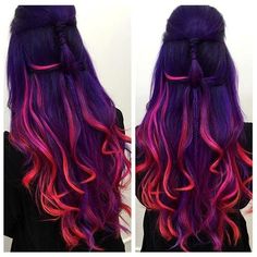 Hair With Purple, Sunset Hair, Peekaboo Hair, Cute Hair Colors, Rainbow Hair Color, Hair Color Purple, Pretty Hair Color, Bright Hair, Ombre Hair Color