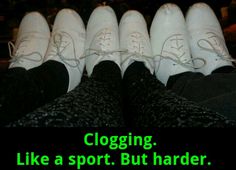 four pairs of white shoes sitting next to each other with the words clogging like a sport but harder