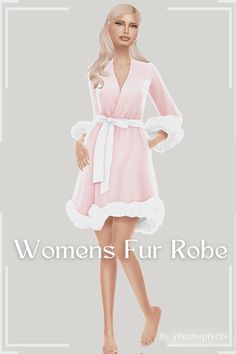 a woman in a pink dress with white trim on her legs and the words women's fur robe