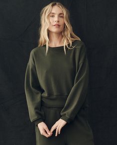 The League Sweatshirt. -- Woodland Green SWEATSHIRTS THE GREAT. FALL 24 KNIT HOOKUPS Bow Blouse, The League, Engineered Garments, Womens Size Chart, Vintage Sweatshirt, Designer Outfits Woman, Two Pieces, French Terry, Sweatshirts Women